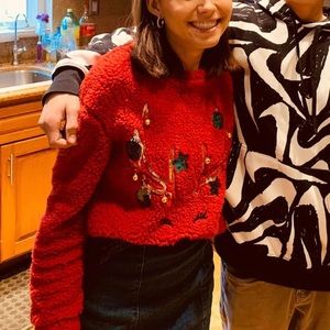 Sherpa Sequin Reindeer Christmas Sweater Pullover